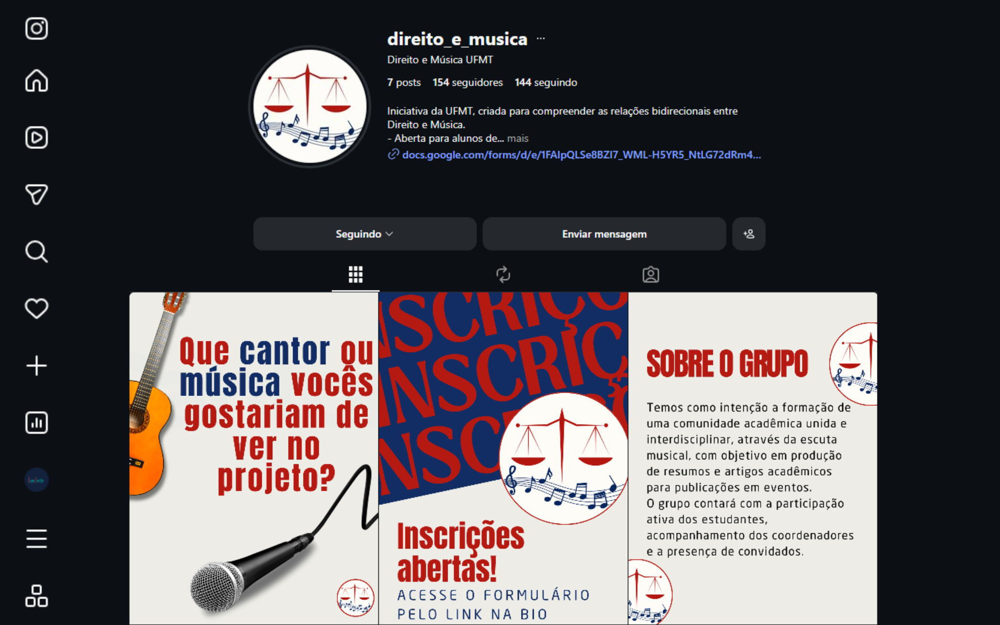 página inicial do instagram do projeto direito e música